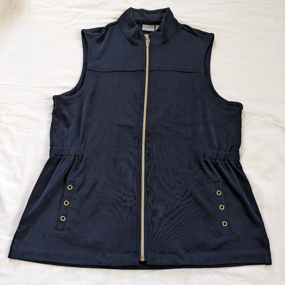 Chico's Travelers Grommet Vest, Navy with gold zipper and grommet details.